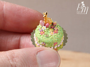 Spring Garden Miniature Easter Cake Decorated with Bunny Cookie, Pink Eggs, Blossoms