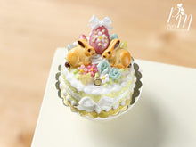 Load image into Gallery viewer, Twin Bunnies Easter / Spring Cake Decorated with Rabbit Cookies, Pink Easter Egg, Roses, Blossoms