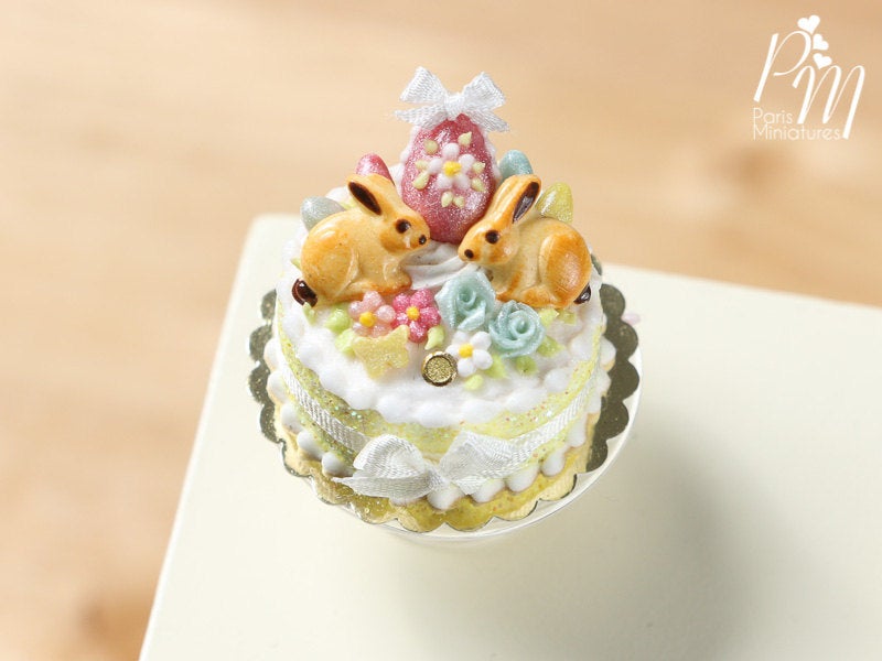 Twin Bunnies Easter / Spring Cake Decorated with Rabbit Cookies, Pink Easter Egg, Roses, Blossoms