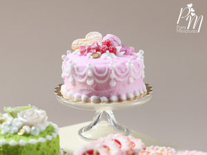 Beautiful Handmade Pink Cake with Raspberries, Heart Cookie, Macaron - Miniature Food