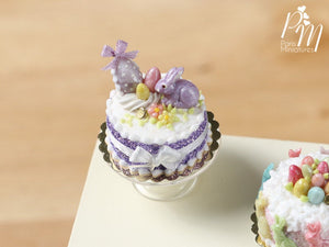 Beautiful Easter Spring Cake Decorated with Candy Rabbit, Easter Eggs, Blossoms - Miniature Food