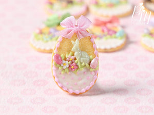 Easter Shortbread Cookie “Basket” Decorated with Rabbit, Blossoms, Egg, Bunny, Light Pink Silk Bow